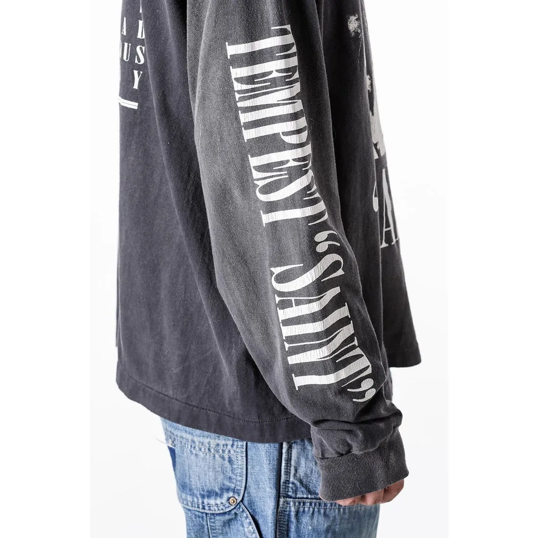 SAINT Mxxxxxx LS TEE/TEMPEST/BLK 'TEMPEST SAINT' Storm Religious Saints Cracked Retro Vulcanized Heavy Wash Long Sleeves Washed Black S-XL Assute Dyeing Multi-bit Horse Fading Craftsmanship Grinding and Hanging Holes Full of Old Feeling Top Printing Craftsmanship Purchasing Level